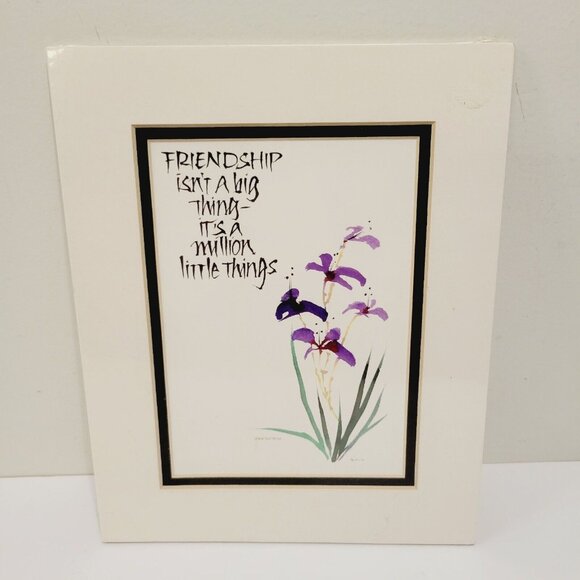 "Friendship" Matted Calligraphy and Painting Litho by Renee Locks Purple Floral - Picture 1 of 3